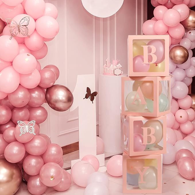 Voircoloria Baby Boxes with 42pcs Letters for Baby Shower Transparent Balloon Boxes Clear Balloon Box Blocks for Boy Girl Gender Reveal Party and Birthday Party (Pink)