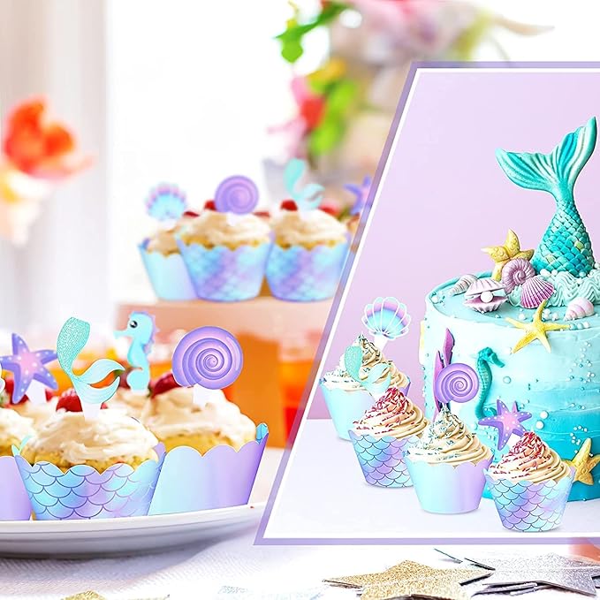 80 Pcs Mermaid Cupcake Wrappers Toppers, Include 40pcs Cake Topper and 40pcs Wrappers Double Side, Little Mermaid Theme Decoration Under The Sea Birthday Party Favor