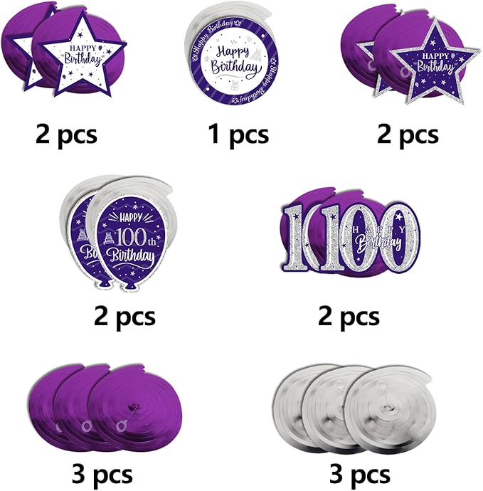 Happy 100th Birthday Purple & Silver Glitter Swirls Streamers Party Decorations - 15 Pcs 100th Birthday Hanging Swirls Streamers Kit,Cheers to 100 Years Old Bday Party Sign.
