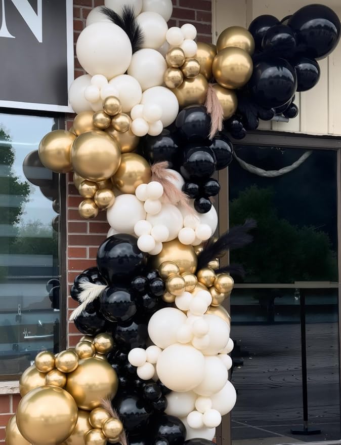 Black and Gold balloon Arch Garland Kit - Black Gold White Balloons with Sand White, Metallic Champagne Balloon, Star Foil Balloons for Graduation Birthday Wedding Party Decorations, 125Pcs