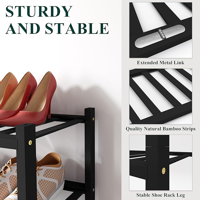 Smiry Long Bamboo Shoe Rack, 2 Tier Free Standing Wooden Shoe Organizer, Stackable Wood Shoe Storage Shelf for Closet, Entryway, 12 Vertical Slats, One-piece Standard Legs, 33.7"x11"x13", Black