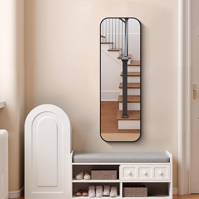 FORBATH Bathroom Mirror 48" x 16", Rectangle Black Bathroom Mirror with Black Aluminum Frame Rounded Corner, Wall Mounted Mirror for Bedroom Entryway Living Room