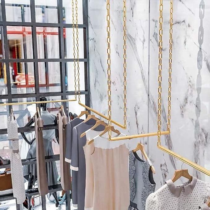 2 Pcs Creative Adjustable Height Clothing Storage Chain Garment Rack, Wedding Dress Hanging Rack, Boutique Clothes Store Display Shelf, Bathroom Organization Towel Rack (Gold, 47.2" L)
