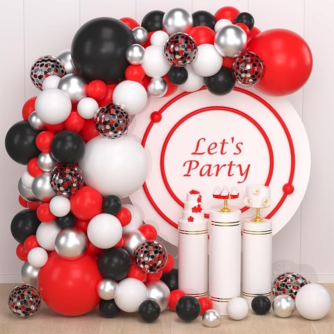Red Black White Silver Balloon Garland Arch Kit - Red and White Balloons Red Black Silver Balloons for Birthday Wedding Retirement Graduation Christmas Party Decorations