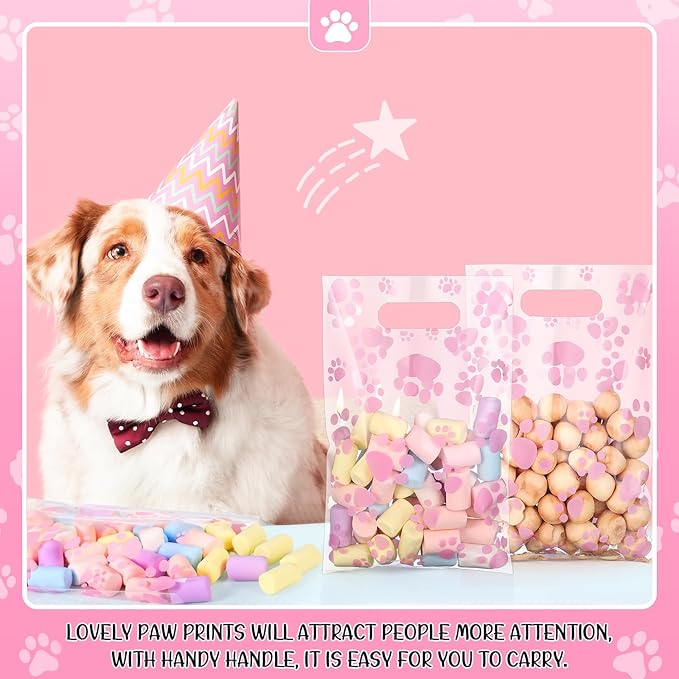 Pasimy 100 Pcs Dog Paw Gift Bags Bulk Pet Paw Puppy Plastic Treat Favor Candy Goodie Bags with Handle for Dog Birthday Party Decoration Supplies(Clear Pink)