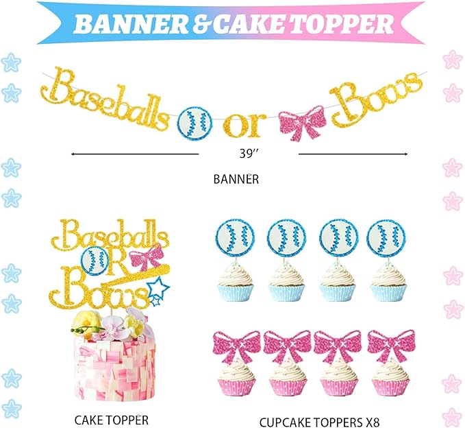 Hombae Baseball or Bows Gender Reveal Decorations, 171 PCs Boy or Girl Gender Reveal Decorations Backdrop Balloon Garland Banner Tablecloth Cake Cupcake Topper Box Cutout Poster Sash Pink Blue