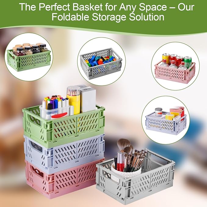 HUUSMOT 4-Pack Small Pastel Plastic Storage Baskets, Collapsible Crates for Organizing, Space-Saving Mini Bins for Classroom, Kitchen, Office, Bedroom (Blue, 9.8" x 6.5" x 3.8")
