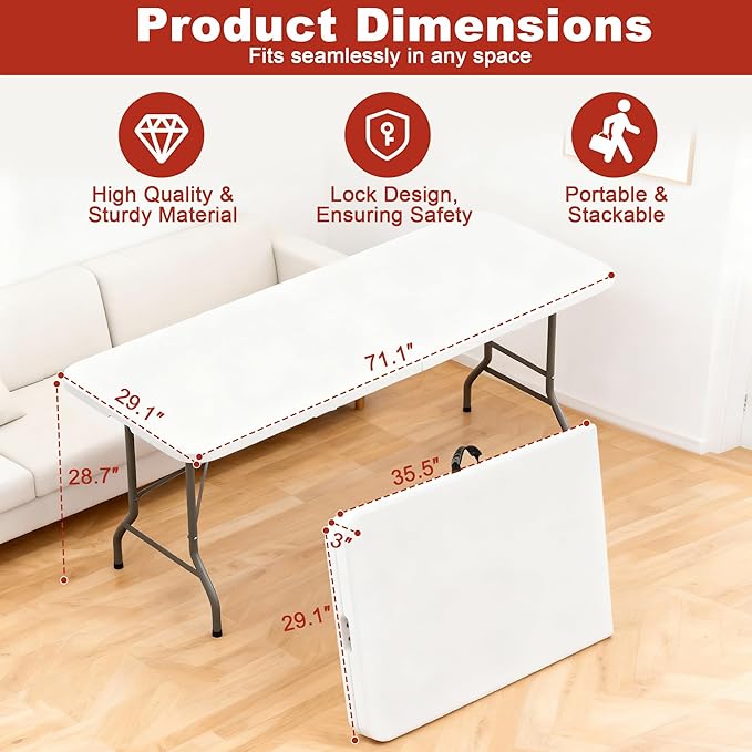 Elevon 6FT Folding Tables – Heavy Duty Portable Foldable Table with Built-in Handle, 300 lb Capacity – Ideal for Events, Parties, Crafts, Camping & Dining (20-Pack)