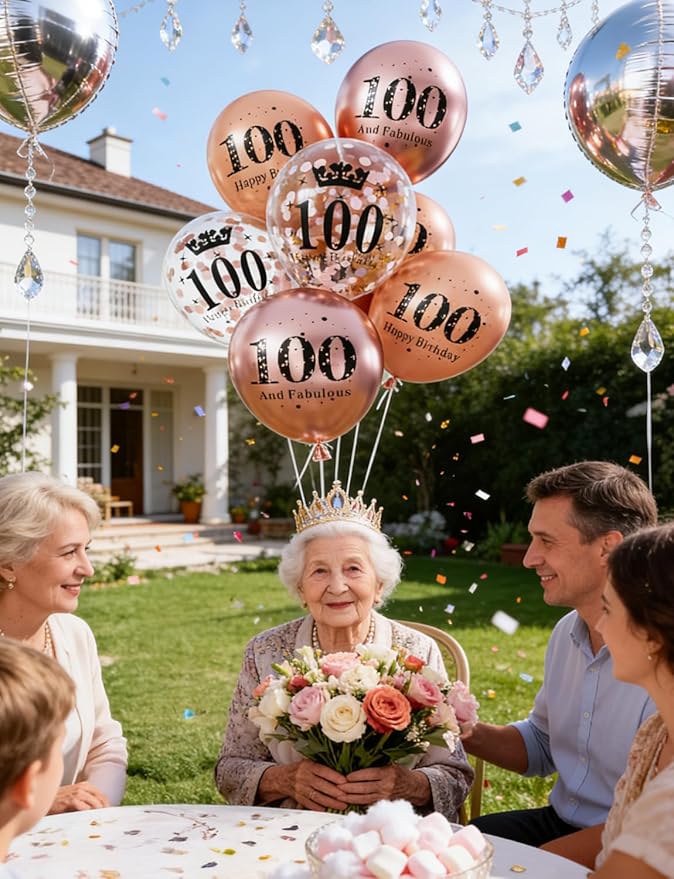 Rose Gold Birthday Balloons Decorations - 24 Pcs 100th Birthday Balloons for Women, Pearl Metallic Rose Gold Balloon, Glitter Confetti Balloon for 100 Years Old Hbd Anniversary Party Decoration