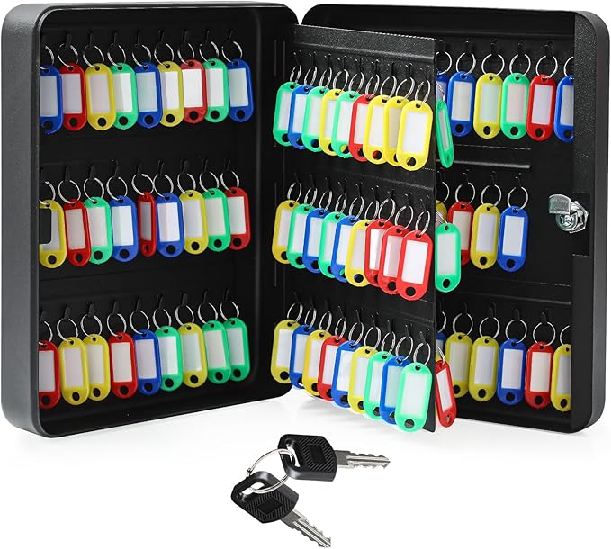 Ripeng 108-Keys Steel Key Lock Box - Wall Mount Key Cabinet with Colorful Secure Tags & Hooks Keys Organizer Storage for Home Office Hotel Rental Business Property Management, Black