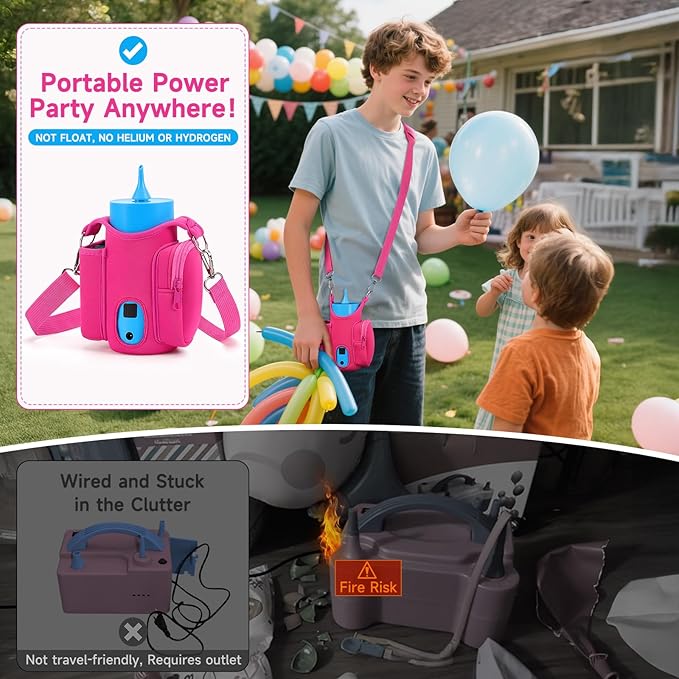 Rechargeable Balloon Pump, Portable Cordless Balloon Inflator with Carry Bag, Shoulder Strap & Tie Tool, Battery Operated Balloon Pump for Latex & Foil Balloons, Birthday Baby Shower Party Decorations
