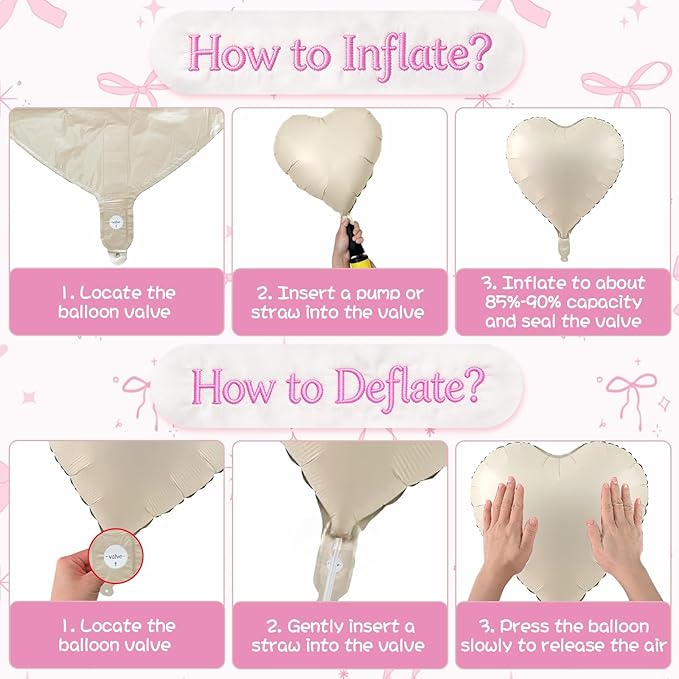 Pink White Heart Balloons with Ribbon Bow, 12 Pcs Pastel Baby Pink Cream Heart Shape Foil Balloon, 18 Inch Helium Balloon with Bow Decor for Girls Birthday Baby Shower Bridal Wedding Coquette Party
