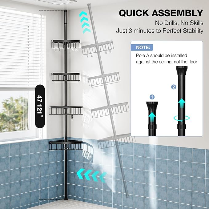 Corner Shower Caddy Tension Pole: Adjustable Rustproof 4-Tier Inside Bathroom Organizer - 47-121 inch Quick Installation Bathtub Shelves for Shampoo Storage - Rod Floor Standing Bath Rack - Black