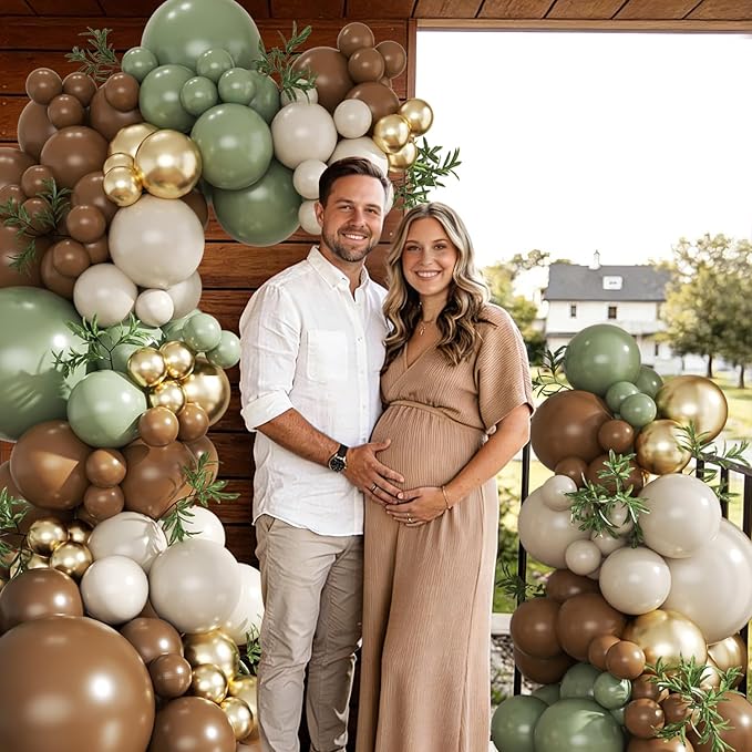 Sage Green Brown Balloon Arch Kit, 124Pcs Brown Green Sand White Gold Balloons for Safari Woodland Dinosaur Jungle Theme Baby Shower Wedding Birthday Party Decorations