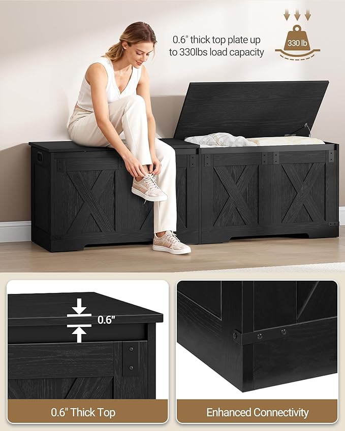 Hzuaneri 59" Storage Chest, Large Storage Trunk with 2 Hinges, Farmhouse Wooden Box Bench, Lift-Top Organizer Chest, Entryway Trunk for Bedroom, Living Room, Black SB15004X