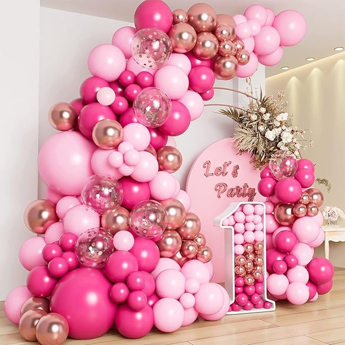 CANREVEL 125Pcs Pink Balloon Garland Arch Kit, Hot Pink Metallic Rose Gold Confetti Latex Balloons for Baby Girl Shower Princess Birthday Wedding Valentine's Party Decorations