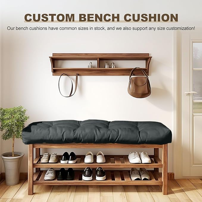 Bench Cushion 45 inches,Indoor/Outdoor Non-Slip Tufted Cushions, Premium Waterproof Linen, Soft Piano Sofa Cushions, Entryway Storage, Bay Window, High-Density Memory Foam(Black-45x18x4in)