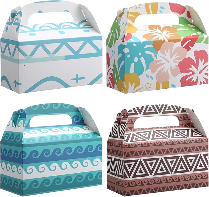 AmazingSpark 12 Pack Hawaiian Party Favor Boxes with Handle, Cartoon Hibiscus Floral Candy Gift Boxes for Tropical Luau Aloha Summer Beach Birthday Baby Shower Decorations