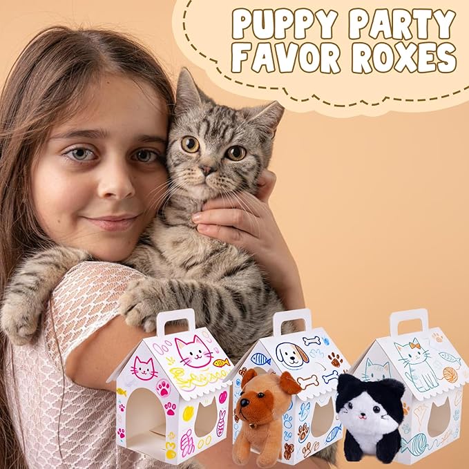 ARELUX 30 Pcs Cat House Shaped Party Favor Boxes, Foldable Pet Adoption Treat Gift Boxes with DIY Stickers - White Blank Goodie Bags for Kitten Birthday, Baby Shower & Cat Themed Events