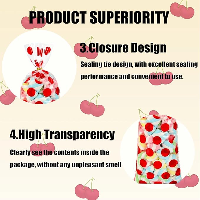 EatnMgan 200Pcs Cellophane Treat Bags,10.8 x 4.9Inch Plastic Candy Bags,Cellophane Bags,Goodie Candy with 220Pcs Twist Ties for Valentine, Birthday, Gift Cookie Snack Packing Party Favor Supplies (Red)