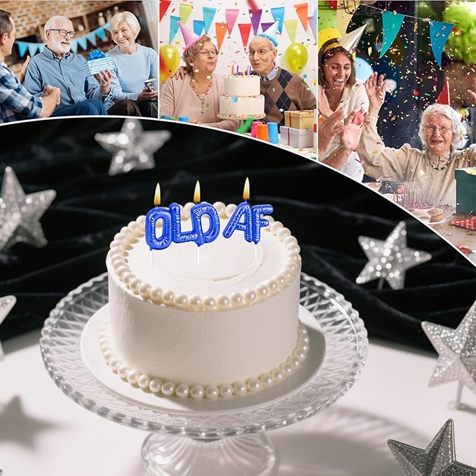 Funny Old AF Birthday Candles for Cake – Humorous Birthday Cake Candles for Milestone Birthdays & Retirement Parties (Blue)