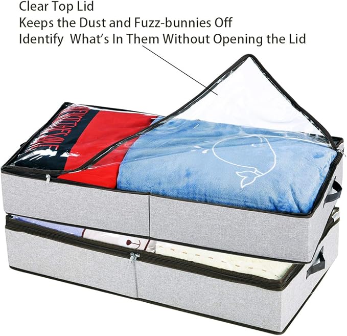 HOONEX Under Bed Storage Containers Zippered Clear Top Lid, Outer Linen Fabric, Reinforced Frame and Sturdy Bottom, 2 Leather Carrying Handles, 2 Pack, Grey