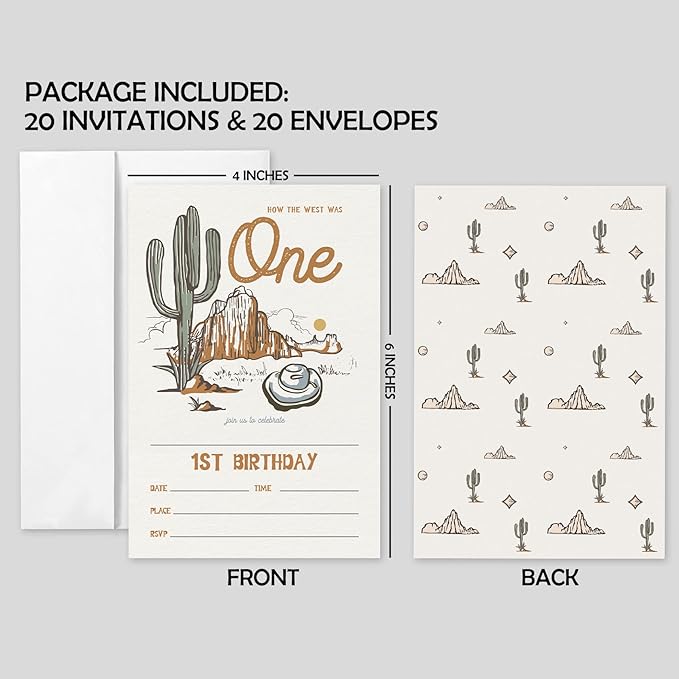 AEHIE 20 Sets Western 1st Birthday Party Invitations With Envelopes,How The West Was One Double-sided Printed Birthday Party Invitation Invite Cards for Baby Girls Boys,1st Rodeo Birthday Invites
