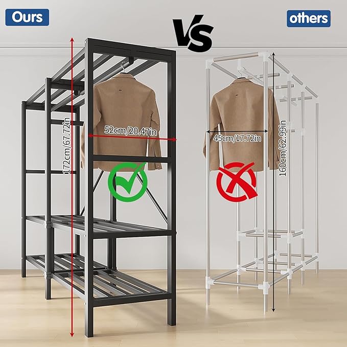 Heavy Duty Covered Clothes Rack with Magnetic Door Foldable Portable Wardrobe Closet for Hanging Clothing Rolling Black Metal Garment Rack on Wheels Closet System (Dragon Sandalwood, 74.7in)
