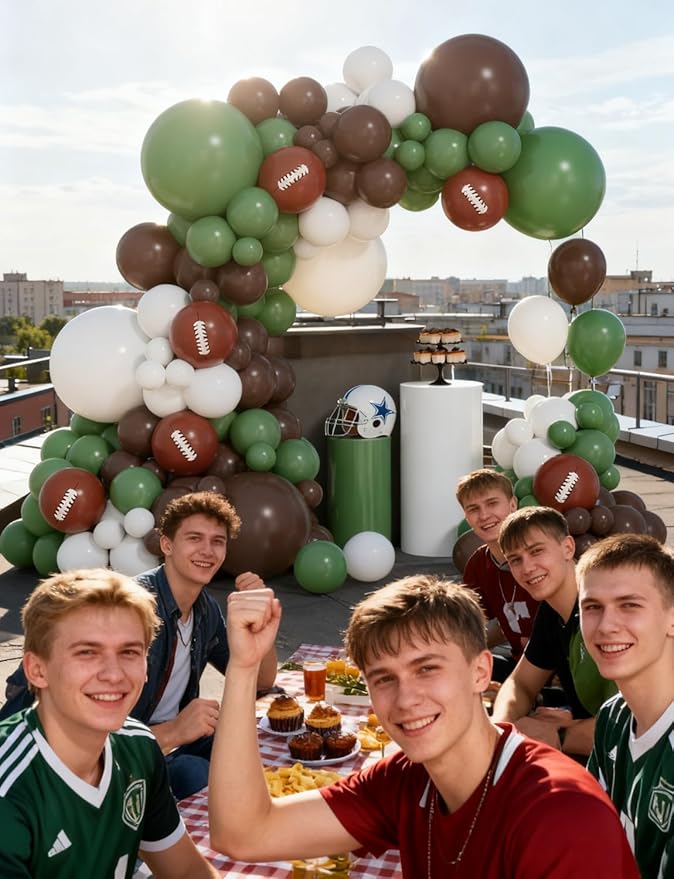 Football Balloon Garland Arch Kit, 132Pcs Green and Brown Balloons Football Printed Balloons Sage Green White Latex Balloon for Touch Down Rugby Birthday Sports Theme Party Decorations