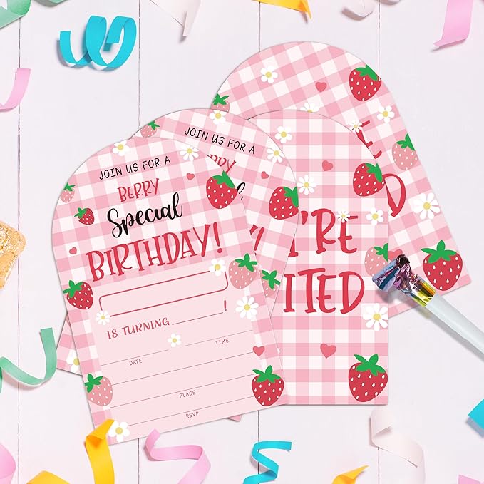 Special Berry Birthday Party Invitations, Strawberry Party Invitations for Girls, 20 Fill-In invites with Envelopes, Strawberry Theme Birthday Party Favor & Decoration (arch)