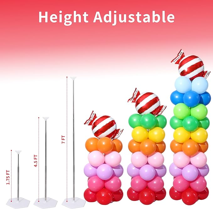Rainbow Candy land Balloon Column Stand Kit Set of 2, 7 Feet Height Balloon Towers Set of 2 with Candy Gift Box Foil Balloons for Sweet Baby Shower Christmas Candyland Party Decorations