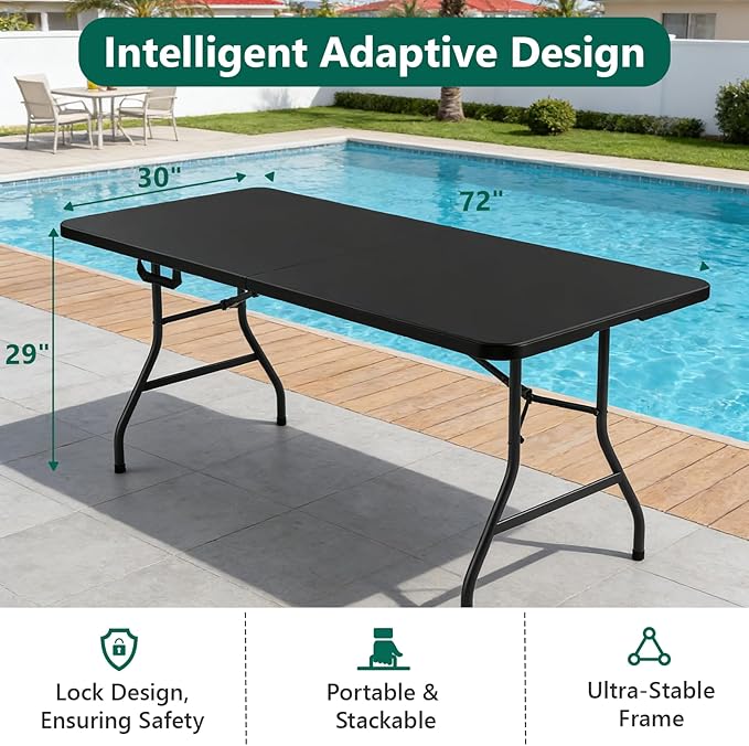 Folding Table, 6FT Foldable Picnic Table with Carrying Handle, Heavy Duty Fold-in-Half Portable Table for Weddings, Camping, RV Travel, Parties, BBQs, and Indoor Use, Easy to Fold and Store, Black