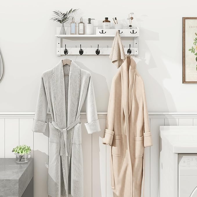 Homode Coat Rack Wall Mount with Hooks and Mail Holder, Entryway Floating Shelf with Key Hooks, Hanging Coat Hanger for Entry, Bathroom, Hallway, Bedroom, White