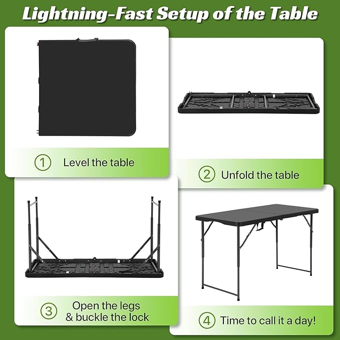 4FT Folding Table - Heavy Duty Portable Plastic Utility Table with Adjustable Height, Carry Handle. Indoor Outdoor Use for Camping, Parties, Picnics, Tailgating (4ft, Black)