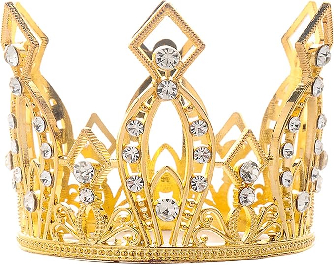 Mini Crown Cake Topper Princess and Prince Crystal Headpiece Tiara Rhinestone Crown Cake Decoration for Wedding Birthday Baby Shower Party Favors (Golden)