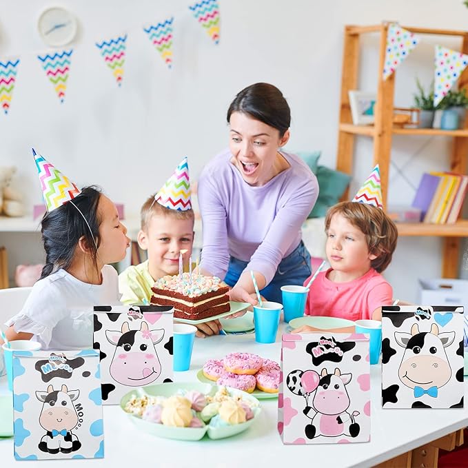 Leinuosen 24 Pack Cow Print Treat Candy Bags Cow Party Favor Gift Bags for Kids Farm Animal Themed Goodie Boxes for Cowboy Birthday Baby Shower Rodeo Party Supplies
