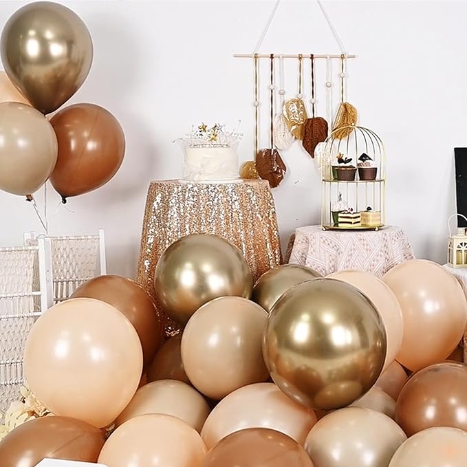 HILAVO Brown Gold Balloons, 12 inch Double Stuffed Brown Gold and Cream Beige Balloons for Neutral Baby Shower Boho Wedding Birthday Party Decorations