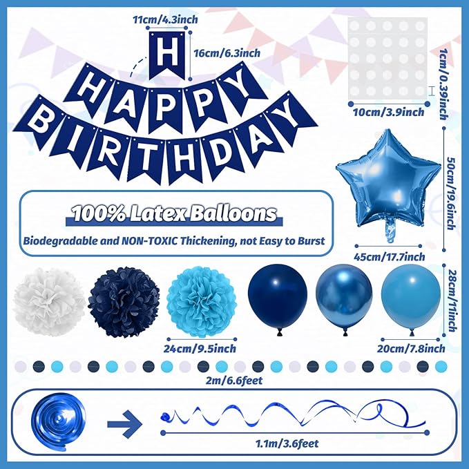 Navy Blue Birthday Decorations, Happy Birthday Banner with Paper Pompoms, Hanging Swirls, Garland, Party Balloons Happy Birthday Party Decorations for Women Men Boys Girls