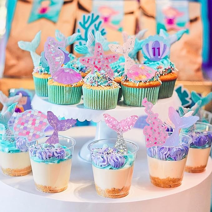 Mermaid Cake Toppers for Girl 30pcs Little Mermaid Figurine Under The Sea Ocean Cake Decor Seaweed Bubble Starfish Shell Mermaids Tail Cupcake Picks for Mermaids Princess Birthday Baby Shower