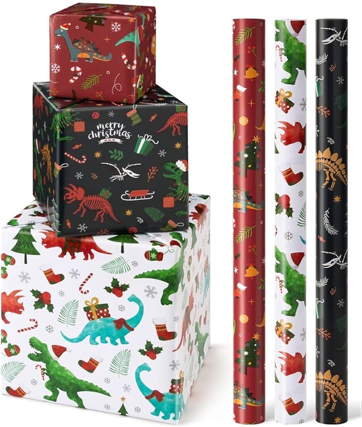 WERNNSAI Christmas Kids Wrapping Paper - 3 Rolls 17" x 120" Kids Christmas Dinosaur Wrapping Paper Rolls Boys Christmas Wrapping Papers Christmas Birthday Gift Wrap Paper with Cutting Line