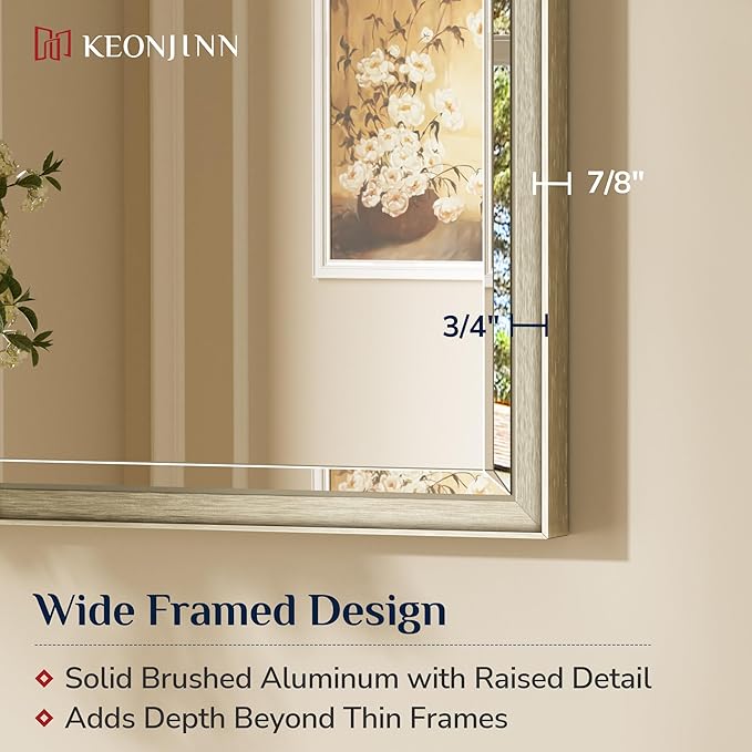 Keonjinn 60" x 36" Large Brushed Nickel Bathroom Mirror, HD Tempered Glass Beveled Edge, Aluminum Alloy Frame, Shatterproof, Silver Rectangle Vanity Wall Mirror for Over Sink, Living Room, Dining Room
