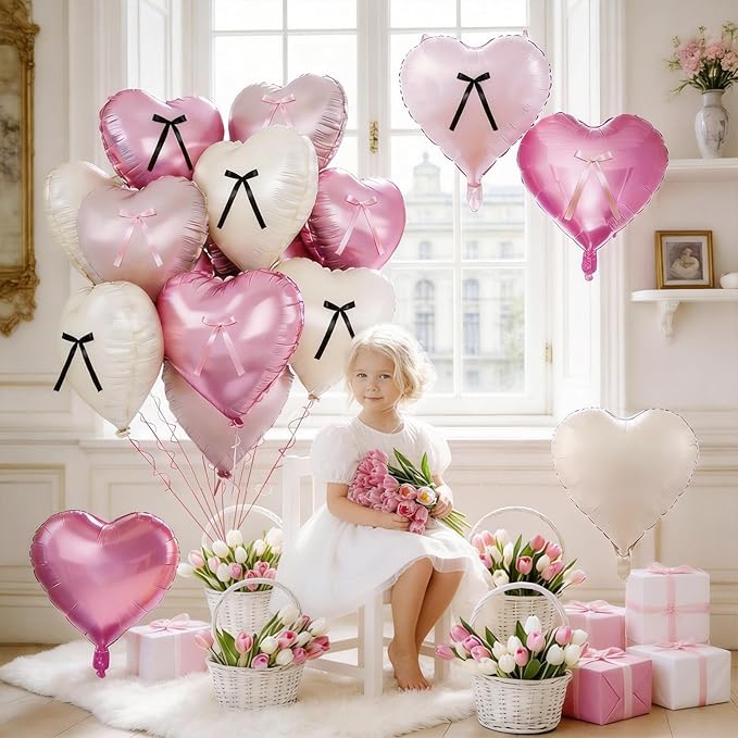 Pink White Heart Balloons with Ribbon Bow, 12 Pcs Pastel Baby Pink Cream Heart Shape Foil Balloon, 18 Inch Helium Balloon with Bow Decor for Girls Birthday Baby Shower Bridal Wedding Coquette Party