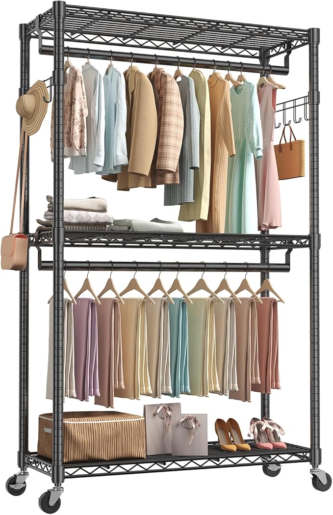 NEWBULIG Heavy Duty Adjustable Clothes Rack with Wheels, Adjustable Rolling Metal Freestanding Garment Closet Organizer with Double Rods & 2 Side Hooks for Hanging Clothes, 47"x17"x80", Black