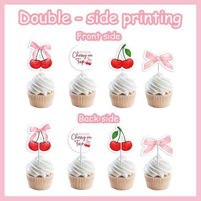36Pcs She's the Cherry on Top Cupcake Toppers Cherry on Top Baby Shower Cupcake Topper Cherry Bachelorette Cake Decor Summer Cherry Dessert Decor for Girls Women Bachelorette Birthday Baby Shower