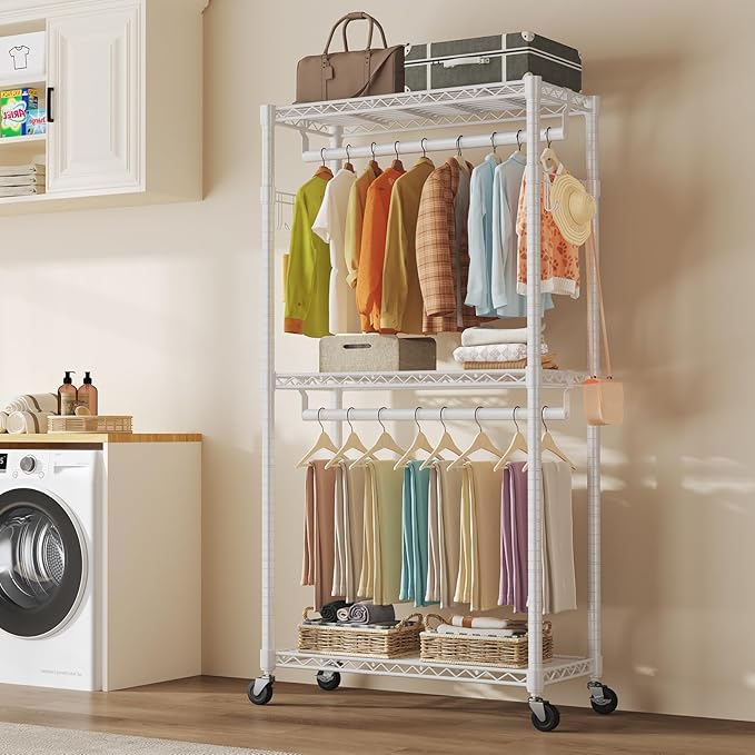 NEWBULIG Heavy Duty Adjustable Clothes Rack with Wheels, Adjustable Rolling Metal Freestanding Garment Closet Organizer with Double Rods & 2 Side Hooks for Hanging Clothes, 35" x 15" x 75", White