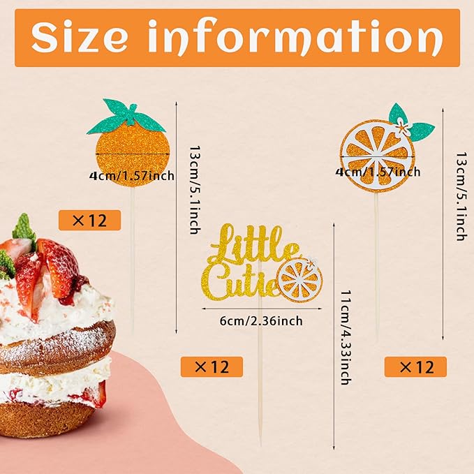 36 Pieces Little Cutie Glitter Cupcake Toppers, Orange Cupcake Picks for Citrus Theme Party, Baby Shower Kids Birthday Party Decorations