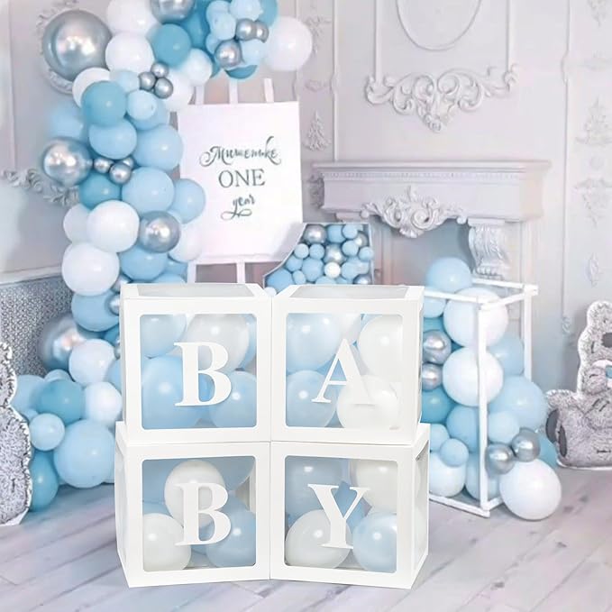Voircoloria Baby Shower Decorations, 4pcs Transparent Balloon Boxes with Letters, Blue & White, Includes 36 Balloons & Adhesive Dots