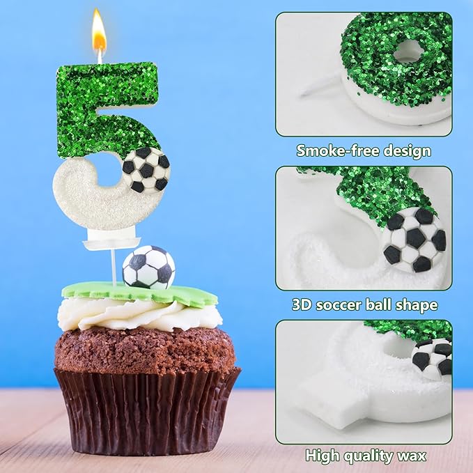 Birthday Candles，Soccer Birthday Decorations，Soccer Cake Topper,for Girl and boy Cake Toppers, Wedding Cakes, Anniversaries, Party Celebrations, Birthday Decorations (Green White, Number 5)