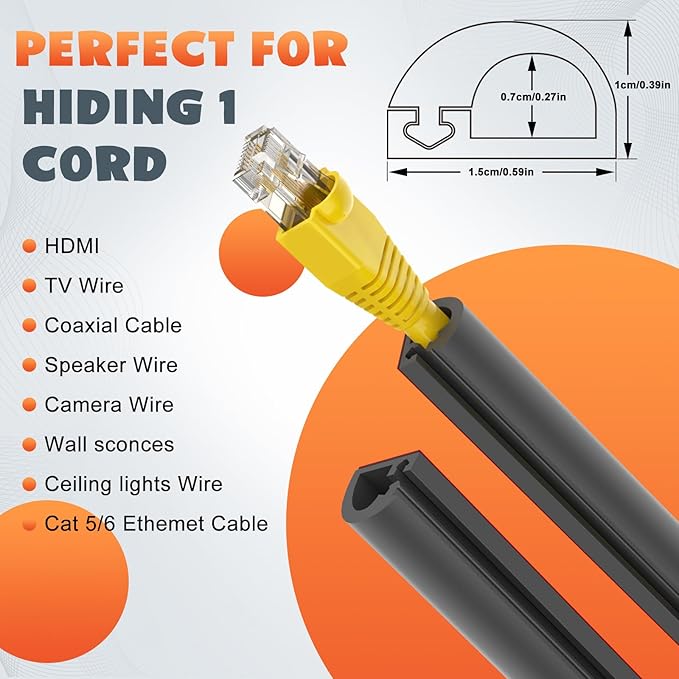 UOMTFAI Wall Cord Hider 39 Inch, Self Adhesive Cable Hider Cord Cover for Wires, Flexible Wire Cover Cable Raceway for Cord Management W0.59 H0.39in Black