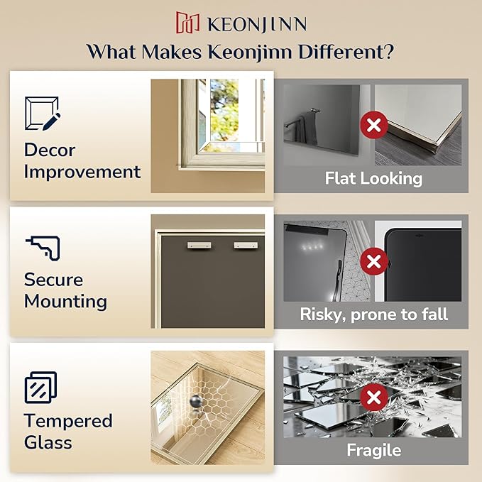Keonjinn 60" x 36" Large Brushed Nickel Bathroom Mirror, HD Tempered Glass Beveled Edge, Aluminum Alloy Frame, Shatterproof, Silver Rectangle Vanity Wall Mirror for Over Sink, Living Room, Dining Room